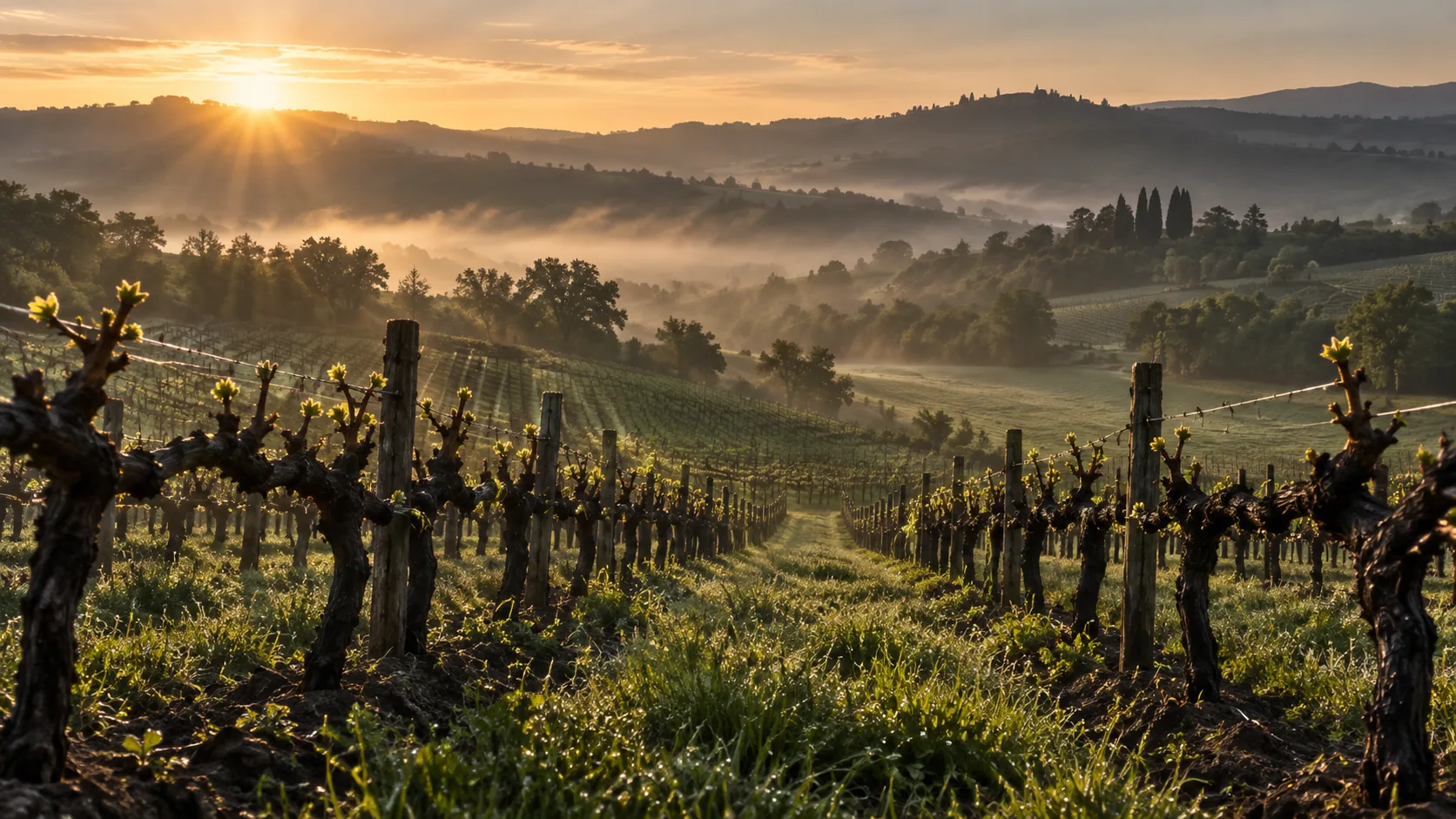 Vigneto in collina all’alba, con i primi germogli e la nebbia nella valle